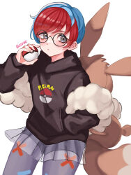 1girl backpack bag blue_hair brown_bag closed_mouth commentary_request cowboy_shot glasses grey_eyes hand_in_pocket hand_up highres holding holding_poke_ball hood hood_down hoodie long_sleeves multicolored_hair nintendo pantyhose penny_(pokemon) poke_ball poke_ball_(basic) poke_ball_print pokemon pokemon_sv red_hair round_eyewear see-through_clothes see-through_skirt short_hair shorts shorts_under_skirt simple_background skirt solo twitter_username two-tone_hair white_background zqzbq