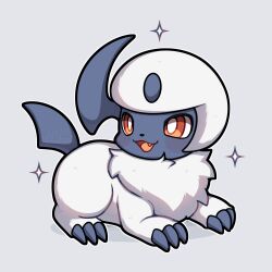 Rule 34 | absol, absurdres, blush, bright pupils, commentary, english commentary, fang, full body, gen 3 pokemon, highres, horns, lying, nintendo, no humans, pokemon, pokemon (creature), red eyes, sevi (seviyummy), simple background, single horn, smile, solo, white pupils