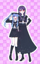 2girls amemiya_darumi bed_sheet black_boots black_hair black_shirt black_skirt blood bloody_tears blue_hair boots face_piercing female_focus fingernails full_body glasses hair_between_eyes high_heel_boots high_heels highres last_defense_academy_school_uniform lip_piercing multicolored_hair multiple_girls one_eye_closed piercing pink_eyes plated_skirt purple_hair red_eyes shirt shizuhara_hiruko skirt smile standing the_hundred_line_-last_defense_academy- tongue tongue_out twintails v wink