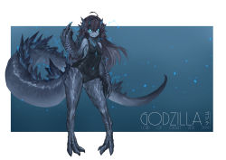 1girl 41_(chvinyau) absurdres bare_shoulders black_hair black_one-piece_swimsuit blue_eyes breasts commentary covered_navel glowing glowing_eyes godzilla godzilla_(series) hair_between_eyes highres long_hair looking_at_viewer middle_finger monster_girl old_school_swimsuit one-piece_swimsuit personification scales school_swimsuit sharp_teeth small_breasts solo standing swimsuit tail teeth very_long_hair