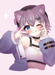 1girl :q ;q animal_ear_fluff animal_ears bare_shoulders beret black_choker blue_eyes blue_jacket blue_nails blush bow braid breasts brown_hair buckle cat_ears cat_girl choker closed_mouth crop_top cropped_torso double_v hair_between_eyes hair_ornament hairclip hat hat_bow head_tilt heart heart_hair_ornament highres jacket jewelry long_sleeves looking_at_viewer mariel_(vrchat) mashir_oxo multicolored_hair nail_polish off_shoulder one_eye_closed open_clothes open_jacket pendant pink_background pink_bow ribbon shirt short_hair side_braid simple_background small_breasts smile solo sparkle tank_top tongue tongue_out upper_body v v_over_eye vrchat white_shirt white_tank_top