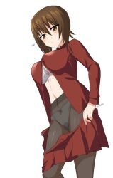 Rule 34 | 1girl, black pantyhose, blush, bow, bow bra, bow panties, bra, breasts, brown eyes, brown hair, closed mouth, clothes pull, cowboy shot, dress shirt, girls und panzer, kuromorimine military uniform, long sleeves, looking at viewer, medium breasts, military, military uniform, nishizumi maho, panties, panties under pantyhose, pantyhose, red shirt, red skirt, saikawa yusa, shirt, short hair, simple background, skirt, skirt pull, solo, standing, twitter username, unbuttoned, unbuttoned shirt, underwear, undressing, white background, white bra, white panties