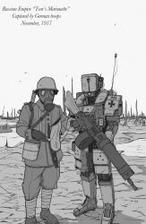 1boy anachronism battlefield cigarette cross english_text gas_mask girls&#039;_frontline greyscale gun gun_on_back highres holding holding_cigarette holding_gun holding_weapon humanoid_robot imperial_german_army iron_cross kcco_(girls&#039;_frontline) machine_gun mask maxim_gun monochrome mp18 parabellum photo-referenced robot submachine_gun weapon weapon_on_back world_war_i