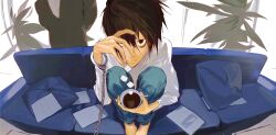 1boy absurdres arm_up bags_under_eyes black_eyes black_hair blue_pants chinese_commentary closed_mouth coffee commentary_request couch crew_neck cup death_note denim hair_between_eyes highres holding holding_cup jeans knees_up l_(death_note) lomizuki long_sleeves looking_up male_focus pants paper pillow plant potted_plant shirt single_handcuff sitting solo sugar_cube white_shirt