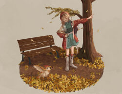 1girl :d aqua_dress aqua_neckerchief autumn_leaves backpack bag bench beret bird boots coat dress eyewear_on_head falling_leaves full_body hat highres keshiki leaf looking_at_animal neckerchief open_mouth orange_eyes outstretched_arm park_bench pointing red_coat red_hat red_socks regulus_(reverse:1999) reverse:1999 short_dress single_off_shoulder sleeveless sleeveless_dress smile socks solo standing sunglasses tree white_boots