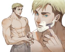 1boy abs beard_stubble biceps blonde_hair blue_eyes cherry_aot collarbone commentary_request erwin_smith facial_hair grey_pants highres holding holding_razor korean_commentary looking_to_the_side male_focus muscular muscular_male nipples own_hands_together pants parted_lips pectorals razor safety_razor shaving shaving_cream shingeki_no_kyojin sideways_glance simple_background stubble thick_eyebrows topless_male white_background