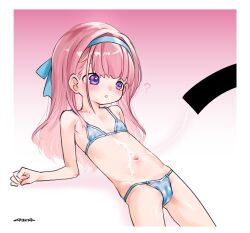 1girl ? bar_censor bikini blue_bikini censored cum cum_on_body cum_string ejaculation highres loli micro_bikini mudou_eichi navel original pink_hair purple_eyes skinny solo swimsuit