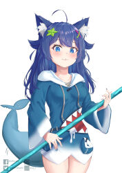 1girl :3 absurdres ahoge animal_costume animal_ear_fluff animal_ears blue_eyes blue_hair blue_hoodie blue_nails blush cat_ears closed_mouth cosplay fins fish_tail gawr_gura gawr_gura_(1st_costume) gawr_gura_(cosplay) hair_ornament highres holding holding_polearm holding_weapon hololive hololive_english hood hood_down hoodie indie_virtual_youtuber looking_at_viewer nail_polish polearm senzawa shark_costume shark_girl shark_tail solo star_(symbol) star_hair_ornament tail takasi.bingjun trident weapon white_background x_hair_ornament