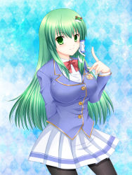 1girl absurdres alternate_costume argyle_background argyle_clothes asazuki_kanai black_pantyhose blush breasts emblem female_focus frog green_eyes green_hair hair_ornament highres kanai_amachi kochiya_sanae long_hair matching_hair/eyes moriya_suwako pantyhose school_uniform skirt snake solo touhou