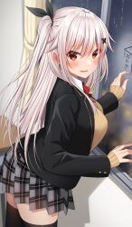 Rule 34 | 1girl, ai ai gasa, black jacket, black ribbon, black thighhighs, blazer, blush, bow, breasts, brown sweater, butterfly hair ornament, commentary request, etna (kuzuyu), from side, grey skirt, hair between eyes, hair ornament, hair ribbon, highres, indoors, jacket, komori kuzuyu, long sleeves, looking at viewer, looking to the side, medium breasts, night, one side up, open clothes, open jacket, original, parted lips, plaid clothes, plaid skirt, pleated skirt, rain, red bow, red eyes, ribbon, school uniform, side ponytail, skirt, sleeves past wrists, solo, sweat, sweater, thighhighs, white hair, window, zettai ryouiki