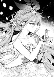 Rule 34 | 1boy, 1girl, blush, bouquet, braid, copyright request, crown, elsam (granblue fantasy), falling petals, flower, giant, giantess, granblue fantasy, greyscale, happy, holding, holding bouquet, marriage proposal, mini crown, monochrome, petals, pointy ears, rakko-chan genkou-chuu, smile, yggdrasil (granblue fantasy)