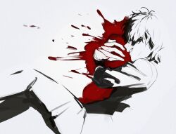 Rule 34 | 1boy, aam09212, blood, blood on hands, closed mouth, glasses, holding, kamen rider, kamen rider gavv (series), long sleeves, male focus, partially colored, short hair, simple background, smile, solo, suga kenzo, white background