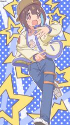 Rule 34 | 1girl, :d, alternate costume, artist name, bambi2000line, baseball cap, belt, black pants, blue background, blue hair, blunt bangs, brown eyes, brown hair, brown hat, character print, colored inner hair, commentary, double-parted bangs, hat, highres, hozuki momiji, jacket, jewelry, long sleeves, looking at viewer, multicolored hair, necklace, onii-chan wa oshimai!, open mouth, outline, oyama mahiro, pants, polka dot, polka dot background, ponytail, shirt, shoes, short hair, short ponytail, smile, solo, star (symbol), two-tone hair, white outline, white shirt, white shoes, yellow jacket