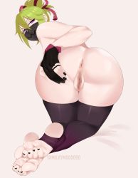 1girl anus ass ass_focus bent_over black_mask covered_mouth feet foreshortening genshin_impact gloves green_hair hair_between_eyes highres huge_ass kuki_shinobu looking_at_viewer mask milkymoo mouth_mask nail_polish ninja ninja_mask nude partially_fingerless_gloves purple_eyes pussy solo spread_ass stirrup_legwear thick_thighs thighhighs thighs toeless_legwear toenail_polish toenails uncensored