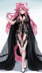 1girl :3 absurdres animal_ears artist_name black_cape black_dress blue_eyes blush breasts cape closed_mouth commentary dress english_commentary eyeshadow full_body gluteal_fold gradient_background hair_intakes hand_in_own_hair highres hololive hololive_english knees large_breasts long_hair looking_at_viewer makeup multicolored_hair panther_ears panther_girl panther_tail pink_eyeshadow pink_hair raora_panthera shoes smile solo streaked_hair tail thighs twitter_username varo_006 virtual_youtuber white_background white_shoes