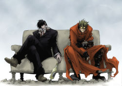 2boys black_hair blonde_hair blood boots bottle coat colorized couch crossed_legs death drop fingerless_gloves formal_clothes glasses gloves high_collar jewelry long_coat male_focus manly multicolored_hair multiple_boys nicholas_d._wolfwood nightow_yasuhiro open_collar red_coat ruins short_hair sitting spiked_hair spoilers suit sunglasses trench_coat trigun trigun_maximum two-tone_hair vash_the_stampede