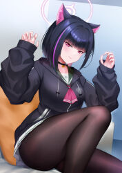 Rule 34 | 1girl, animal ears, black choker, black hair, black hoodie, black pantyhose, blue archive, blunt bangs, blunt ends, blush, cat choker, cat ears, cat girl, choker, claw pose, closed mouth, colored inner animal ears, colored inner hair, dtcy, green sailor collar, hair between eyes, highres, hood, hoodie, kazusa (blue archive), looking at viewer, medium hair, multicolored hair, pantyhose, pink eyes, pink ribbon, ribbon, sailor collar, sidelocks, skirt, smile, two-tone hair, white skirt