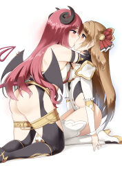 Rule 34 | 2girls, bat wings, black gloves, black horns, black thighhighs, black wings, blush, boots, breasts, brown eyes, brown hair, demon horns, demon tail, energy drain, gloves, hair ribbon, heart, heart-shaped pupils, high heel boots, high heels, highres, horns, io (princess connect!), kiss, leotard, long hair, medium breasts, minase (takaoka nanase), mind control, multiple girls, nozomi (liberator) (princess connect!), nozomi (princess connect!), piercing, princess connect!, red eyes, red hair, red ribbon, ribbon, simple background, small breasts, sweat, sweatdrop, symbol-shaped pupils, tail, thigh boots, thighhighs, very long hair, white background, white leotard, white thighhighs, wing piercing, wings, yuri