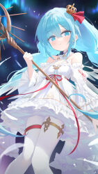 Rule 34 | 1girl, absurdres, azur lane, bare shoulders, blue eyes, blue hair, braid, breasts, closed mouth, crown, dress, frilled dress, frills, hair between eyes, hand up, highres, holding, holding staff, janus (azur lane), looking at viewer, low twin braids, mini crown, pantyhose, petite, small breasts, smile, solo, staff, tilted headwear, twin braids, white dress, white pantyhose, ye yemail