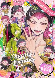 backwards_hat black_hat braid character_name chibi confetti danganronpa_(series) danganronpa_2:_goodbye_despair donut food grin happy_birthday hat highres holding holding_food holding_wrench joonoyuki jumpsuit male_focus multiple_views necktie ofuda ofuda_on_head open_mouth pants pink_hair red_necktie sharp_teeth smile soda_kazuichi teeth wrench yellow_pants zipper_pull_tab