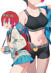 Rule 34 | 1girl, absurdres, amate yuzuriha, aqua eyes, aqua shirt, aqua skirt, backpack, bag, bag charm, black shorts, black sports bra, breasts, charm (object), collared shirt, commentary request, cowboy shot, ddal, diagonal-striped clothes, diagonal-striped necktie, dress shirt, from side, gundam, gundam gquuuuuux, hair between eyes, head out of frame, highres, large breasts, long sleeves, looking at viewer, midriff, miniskirt, multiple views, navel, necktie, open clothes, open mouth, open shirt, opened by self, pleated skirt, puffy long sleeves, puffy sleeves, red hair, school uniform, shirt, short hair, short shorts, shorts, simple background, skirt, smile, sports bra, standing, striped clothes, sweater, undressing, white background, white sweater