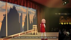 Rule 34 | 1girl, blonde hair, collared shirt, commentary, english text, eyewear on head, flandre scarlet, fourth wall, highres, holding, holding microphone, mary janes, microphone, one side up, pointy ears, puffy short sleeves, puffy sleeves, red eyes, red skirt, red vest, shirt, shoes, short hair, short sleeves, silhouette, skirt, socks, stage, stage lights, stool, symbol-only commentary, touhou, vest, white shirt, wings, yoruny