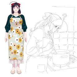 1girl ? absurdres ahoge alternate_costume apron bad_id bad_twitter_id brown_hair cooking floral_print full_body green_sweater hair_ornament hair_ribbon hairclip highres kantai_collection lineart long_hair long_skirt long_sleeves looking_at_viewer mamiya_(kancolle) multiple_views ojipon outline pot print_apron red_eyes ribbon skirt standing sweater white_apron white_background white_footwear white_skirt