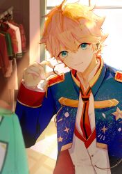 1boy absurdres akehoshi_subaru blue_eyes blue_jacket ensemble_stars! hair_between_eyes highres jacket koriakx light_particles light_rays long_sleeves looking_at_viewer male_focus microphone necktie open_clothes open_jacket orange_hair orange_necktie short_hair smile solo upper_body vest waistcoat