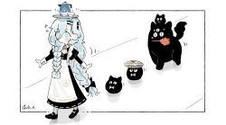 +_+ 1girl 37_(reverse:1999) alternate_costume apron black_dress black_shoes blue_eyes blue_hair bow bowtie carbuncle_(reverse:1999) cup daku_k dress duster electric_kettle food food_on_head full_body hair_between_eyes highres holding holding_duster inset_border juliet_sleeves kettle long_dress long_hair long_sleeves maid mouth_hold no_mouth object_on_head pi_(math) pie puffy_sleeves reverse:1999 shoes solo sparkle traditional_bowtie tray very_long_hair walking white_apron white_background