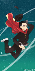 1boy black_hair black_hat buttons cape closed_mouth dated eden_no_ori full_body gakuran glasses hat long_sleeves looking_at_viewer male_focus mariya_shirou mortarboard red_cape school_uniform shoes short_hair sky solo star_(sky) starry_sky wattant white-framed_eyewear white_shoes