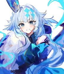 Rule 34 | 1girl, blue eyes, cerydra (honkai: star rail), commentary, hair intakes, hat, honkai: star rail, honkai (series), long hair, looking at viewer, mini hat, san (sanmi0613), single bare shoulder, smile, solo, upper body, white background, white hair