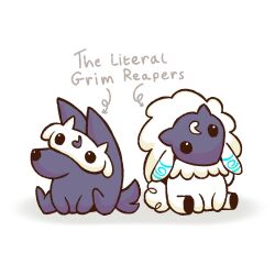 animal animal_focus chibi english_text highres kindred_(league_of_legends) lamb_(league_of_legends) league_of_legends mask no_humans seryn_(serynskies) sheep sitting white_background wolf wolf_(league_of_legends)