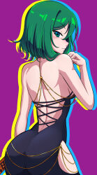 1girl alternate_costume ass back black_dress bmkro chain closed_mouth commentary dress gold_chain green_eyes green_hair highres looking_at_viewer meme_attire modakawa_dress purple_background rod_of_remorse shiki_eiki short_hair simple_background solo touhou