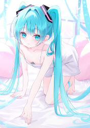 Rule 34 | 1girl, absurdres, all fours, aqua eyes, aqua hair, arm support, bare arms, bare legs, bare shoulders, barefoot, bed, bed sheet, blurry, blurry background, blush, breasts, chemise, cleavage, closed mouth, collarbone, commentary, downblouse, hair intakes, hair ornament, hatsune miku, heart, heart-shaped pillow, highres, indoors, leaning forward, long hair, looking at viewer, nail polish, no bra, on bed, pillow, pink nails, sidelocks, sleepwear, small breasts, solo, spaghetti strap, strap slip, twintails, very long hair, vocaloid, white chemise, yamamotokeisuke1004