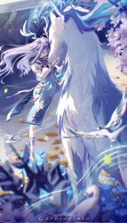 1girl antlers armlet artist_name autumn_leaves bare_shoulders blue_dress blue_hair blurry bracelet closed_eyes closed_mouth creature crescent deer deer_antlers depth_of_field detached_collar dress floating_hair from_side full_body garvidelnia genshin_impact gradient_hair hair_floating_upwards hair_flowing_over hair_intakes hair_over_one_eye hashtag-only_commentary highres horns jewelry lauma_(genshin_impact) leaf light_particles light_smile long_hair multicolored_hair necklace outdoors pendant pointy_ears red_lips sandals shade solo standing tree wind