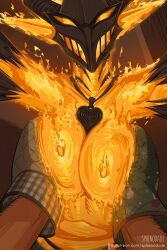 1girl breasts colored_skin elemental_(creature) fiery_hair fire fire_elemental flame_atronach flaming_head grabbing_another&#039;s_breast groping heart heart_necklace helmet highres horns jewelry large_breasts monster monster_girl necklace nipples nude orange_skin oven_mitts pointy_ears pyrokinesis sphenodaile the_elder_scrolls the_elder_scrolls_iv:_oblivion