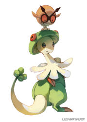 black_eyes bluekomadori breloom bright_pupils closed_mouth colored_sclera commentary english_commentary full_body gen_2_pokemon gen_3_pokemon highres hoothoot looking_back mixed-language_commentary nintendo no_humans on_head pokemon pokemon_(creature) red_eyes simple_background tail tumblr_username watermark web_address white_background white_pupils