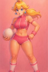 abs athletic_outfit ball blonde_hair blue_eyes crown earrings female jewelry midriff nintendo princess_peach shoes shorts sneakers soccer soccer_ball socks solo sportswear super_smash_bros.