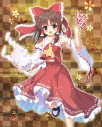 Rule 34 | 1girl, :d, bare shoulders, bow, brown eyes, brown hair, checkered background, detached sleeves, female focus, gohei, hair bow, hair tubes, hakurei reimu, haraegushi, iroha tooko, ofuda, oonusa, open mouth, smile, solo, touhou