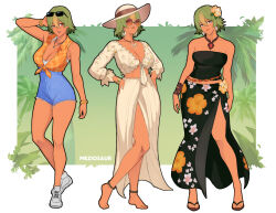 1girl alternate_costume armlet artist_name barefoot blonde_hair bracelet breasts cleavage closed_mouth collarbone crop_top dark-skinned_female dark_skin ear_piercing earrings eyebrows_hidden_by_hair eyewear_on_head feet fire_emblem fire_emblem_heroes flower full_body gold_bracelet green_hair hair_flower hair_ornament hand_on_own_head hands_on_own_hips high-waist_shorts high-waist_skirt jewelry laegjarn_(fire_emblem) large_breasts long_skirt looking_at_viewer meziosaur multicolored_hair necklace nintendo piercing ribbon-trimmed_crop_top ribbon_trim sandals shirt shoes shorts skirt smile solo standing strapless strapless_shirt streaked_hair sunglasses teeth thighs waist_jewel white_shoes