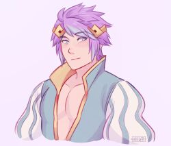 Rule 34 | 1boy, artist name, blush, closed mouth, colored tips, commentary, english commentary, fire emblem, fire emblem heroes, hidewari, highres, hrid (fire emblem), looking to the side, male focus, multicolored hair, muscular, muscular male, nintendo, open clothes, open shirt, pectorals, smile, upper body, white background
