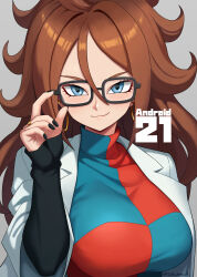 1girl android_21 black-framed_eyewear blue_dress blue_eyes blush breasts brown_hair character_name checkered_clothes checkered_dress coat dragon_ball dragon_ball_fighterz dress glasses grey_background highres lab_coat large_breasts long_hair open_clothes open_coat red_dress simple_background smile solo upper_body white_coat yoichiro_ch