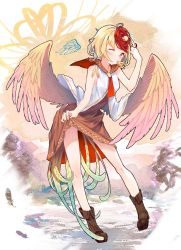 1girl ;) bird blonde_hair blush boots breasts chick clothes_lift commentary dress feathered_wings feathers lifting_own_clothes multicolored_hair nest niwatari_kutaka one_eye_closed orange_eyes pixerite red_hair short_hair skirt skirt_lift sleeveless sleeveless_dress small_breasts smile touhou two-tone_hair wings