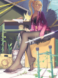 10s 1girl aged_up araragi_koyomi bag blonde_hair desk dual_persona feet from_below long_hair long_legs madyy monogatari_(series) nisemonogatari no_shoes oshino_shinobu overgrown pantyhose paper_bag perspective plant ponytail slit_pupils sword toes vines weapon yellow_eyes