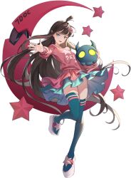 1girl :d ahoge aotu_world blue_eyes blue_skirt blue_thighhighs brown_hair creature crescent frills full_body hair_ornament holding holding_creature kaili_(aotu_world) layered_skirt long_hair long_sleeves looking_at_viewer moon official_art old_bone_(aotu_world) open_hand open_mouth outstretched_hand pink_sandals pink_shirt pink_skirt platform_sandals print_shirt qi_chuang_she sandals shirt simple_background skirt smile solo star_(symbol) star_hair_ornament star_print thighhighs third-party_source transparent_background very_long_hair zettai_ryouiki