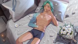 1boy abs absurdres arm_up blush bouquet boxer_briefs candle cove_holden curtained_hair eiden_kato feet_out_of_frame flower green_eyes green_hair hand_on_own_face hand_on_own_stomach head_on_pillow highres looking_at_viewer lying male_focus male_underwear no_pants on_back on_bed our_life:_beginnings_and_always pectorals pillow poppy_(flower) second-party_source short_hair smile solo sunlight tattoo tattoo_sleeve toned toned_male topless_male underwear underwear_only unworn_clothes upper_body white_petals