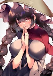 1girl ajirogasa black_hair blush braid breasts capelet dress grey_dress hat highres large_breasts long_hair long_sleeves open_mouth red_capelet red_eyes sakurame simple_background smile solo touhou twin_braids upper_body white_background wide_sleeves yatadera_narumi