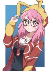 1girl black-framed_eyewear black_shirt black_skirt blue_background blush border commentary_request frown glass hair_down haneyama_kazuho highres hood hood_up hoodie long_hair looking_at_viewer mimi_(mimi_ganbaruzo) pink_hair red_eyes red_hoodie sailor_collar school_uniform shirt skirt solo upper_body vigilante_-boku_no_hero_academia:_illegals- white_border white_sailor_collar
