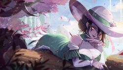 absurdres black_hair black_lips breasts cherry_blossoms cleavage clothing_cutout dress facial_mark falling_leaves fingernails green_dress green_ribbon halter_dress halterneck hat hat_ribbon highres indie_virtual_youtuber large_breasts leaf log lying neo_(neorarty3) on_stomach orange_eyes ribbon second-party_source see-through_clothes see-through_cleavage sharp_fingernails shoulder_cutout sky sun_hat tree vexoria_the_sun_eater virtual_youtuber white_sleeves