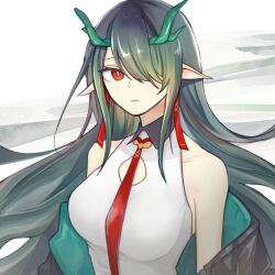 Rule 34 | 1girl, arknights, bare shoulders, black hair, breasts, bright pupils, cleavage cutout, closed mouth, clothing cutout, collared shirt, commentary request, contrast collar, dragon girl, dragon horns, dusk (arknights), earrings, expressionless, floating hair, green hair, hair over one eye, highres, horns, jewelry, long hair, looking at viewer, multicolored hair, necktie, off shoulder, one eye covered, partial commentary, pointy ears, red eyes, red necktie, rosy (user jyay4577), shirt, sleeveless, sleeveless shirt, solo, streaked hair, upper body, white pupils, white shirt